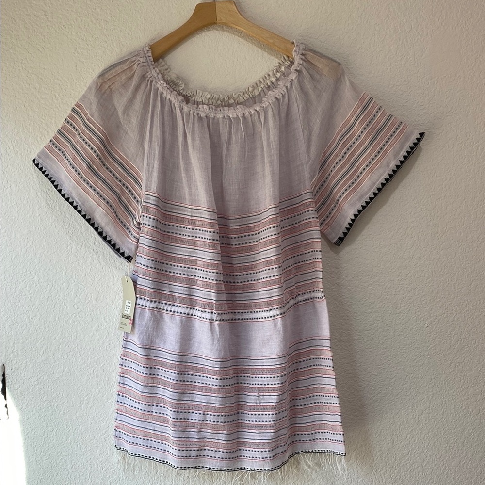 NWOT Lemlem Women's Striped Lilac Short Sleeve Resortwear Cotton Blend Top Sz M